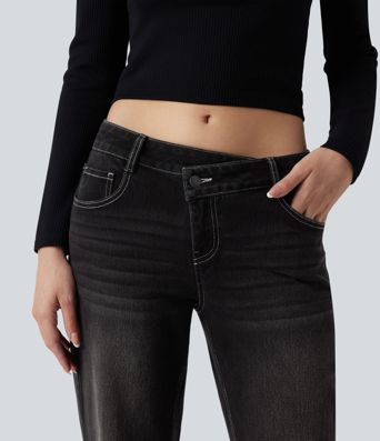 Halara Flex™ Asymmetric Low Rise Straight Leg Casual Jeans with Pockets