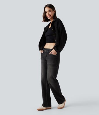 Halara Flex™ Asymmetric Low Rise Straight Leg Casual Jeans with Pockets