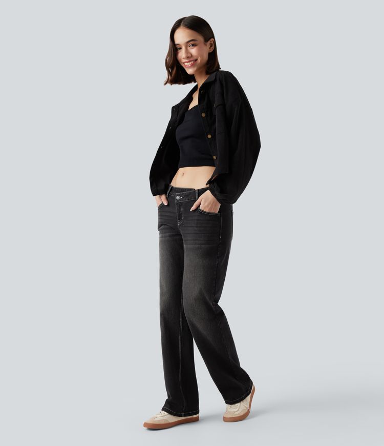 Halara Flex™ Asymmetric Low Rise Straight Leg Casual Jeans with Pockets