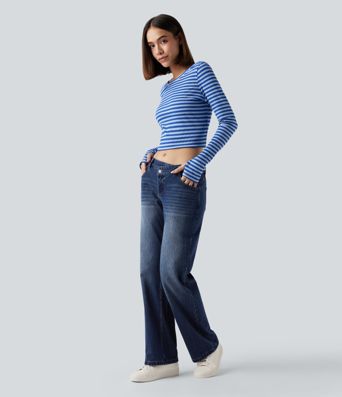 Halara Flex™ Asymmetric Low Rise Straight Leg Casual Jeans with Pockets