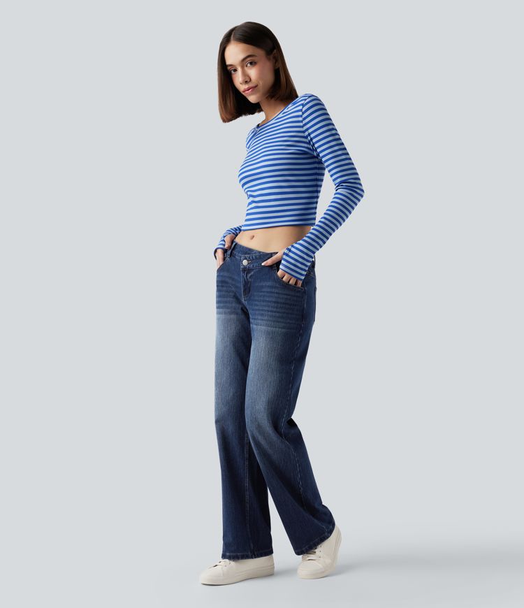 Halara Flex™ Asymmetric Low Rise Straight Leg Casual Jeans with Pockets