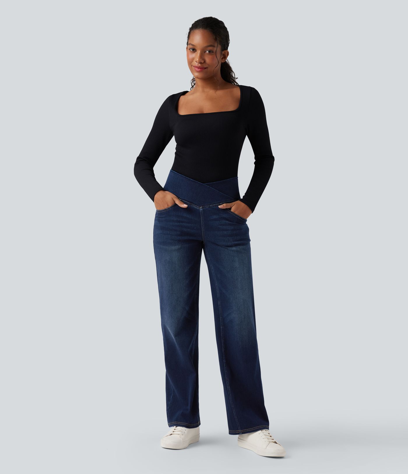 Halara Flex™ Crossover High Waisted Tummy Control Casual Straight Leg Jeans with Pockets