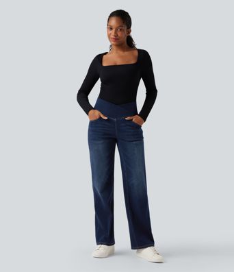 Halara Flex™ Crossover High Waisted Tummy Control Casual Straight Leg Jeans with Pockets