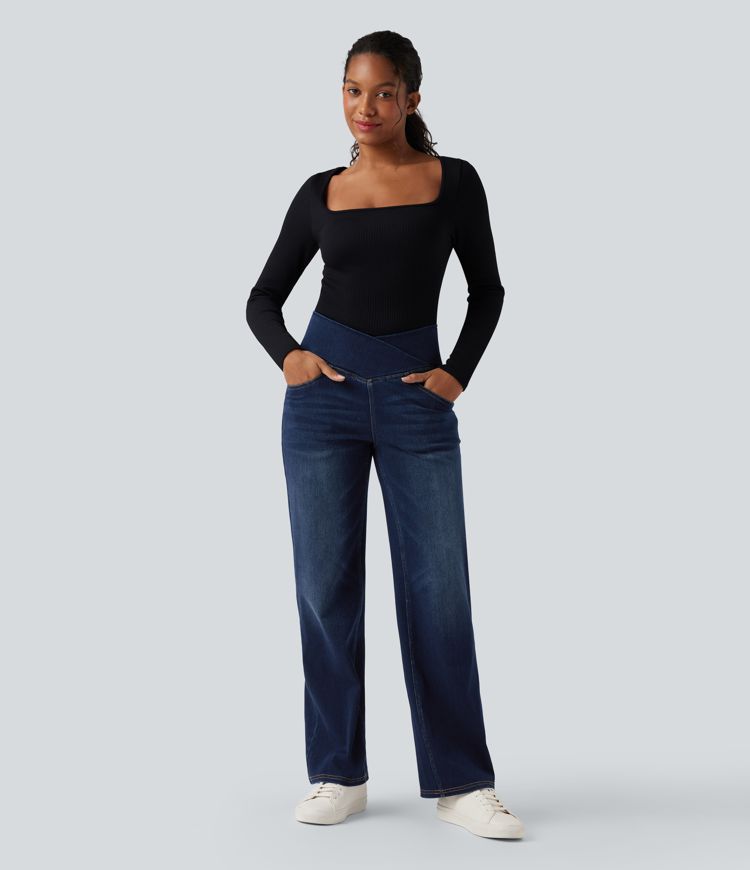 Halara Flex™ Crossover High Waisted Tummy Control Casual Straight Leg Jeans with Pockets