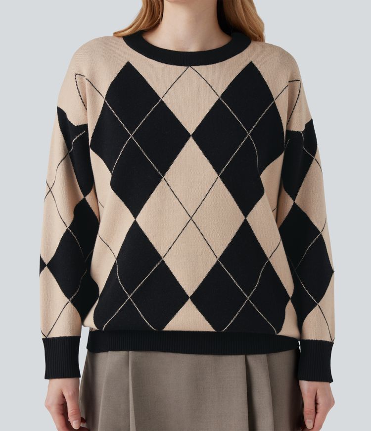 Round Neck Long Sleeve Diamond Check Work Jumper