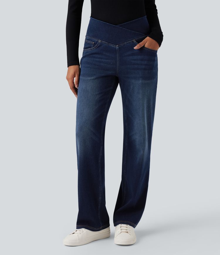 Halara Flex™ Crossover High Waisted Tummy Control Casual Straight Leg Jeans with Pockets