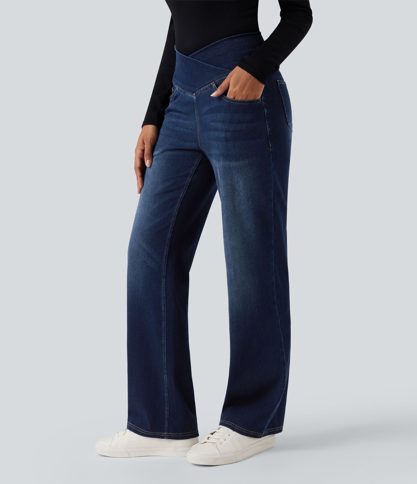 Halara Flex™ Crossover High Waisted Tummy Control Casual Straight Leg Jeans with Pockets