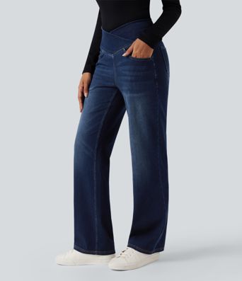 Halara Flex™ Crossover High Waisted Tummy Control Casual Straight Leg Jeans with Pockets