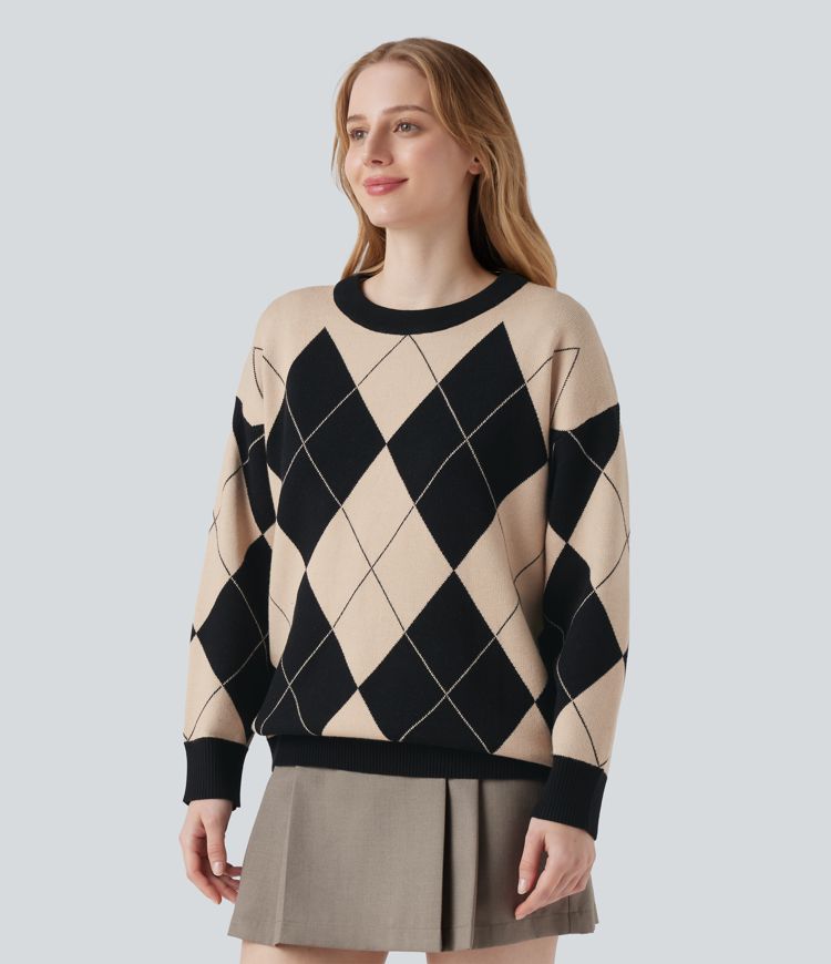 Round Neck Long Sleeve Diamond Check Work Jumper