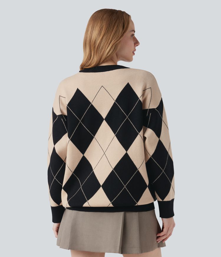 Round Neck Long Sleeve Diamond Check Work Jumper