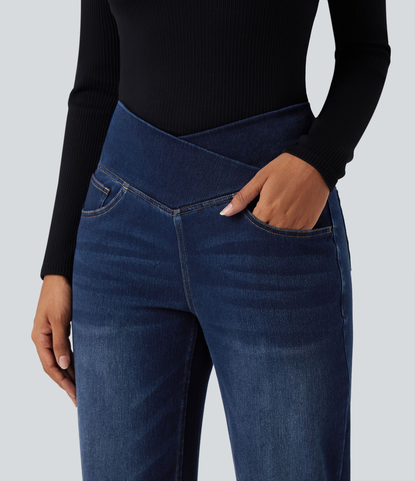 Halara Flex™ Crossover High Waisted Tummy Control Casual Straight Leg Jeans with Pockets