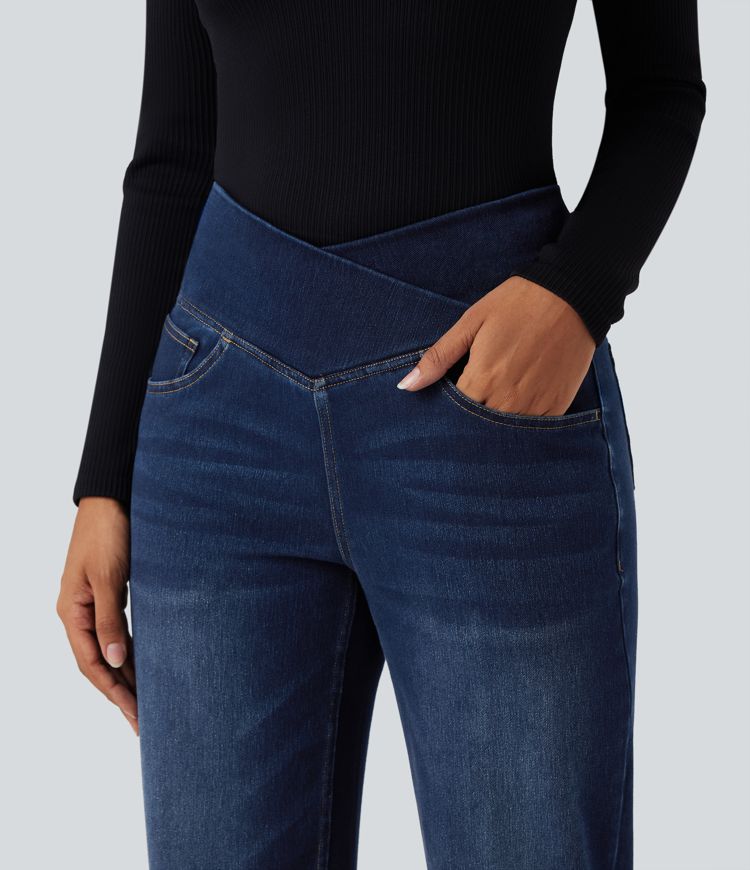 Halara Flex™ Crossover High Waisted Tummy Control Casual Straight Leg Jeans with Pockets