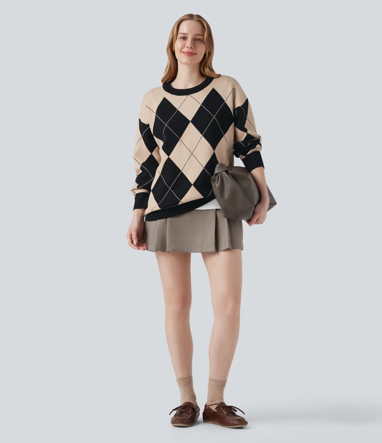 Round Neck Long Sleeve Diamond Check Work Jumper