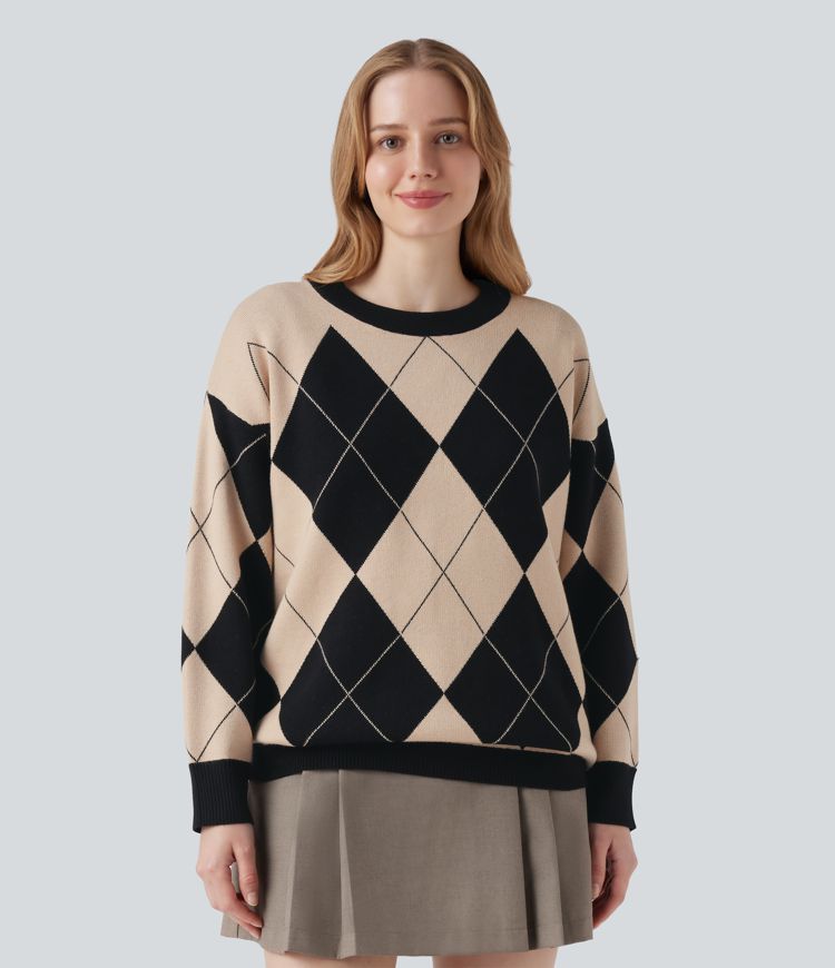 Round Neck Long Sleeve Diamond Check Work Jumper