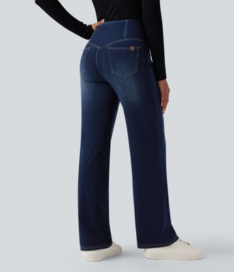 Halara Flex™ Crossover High Waisted Tummy Control Casual Straight Leg Jeans with Pockets