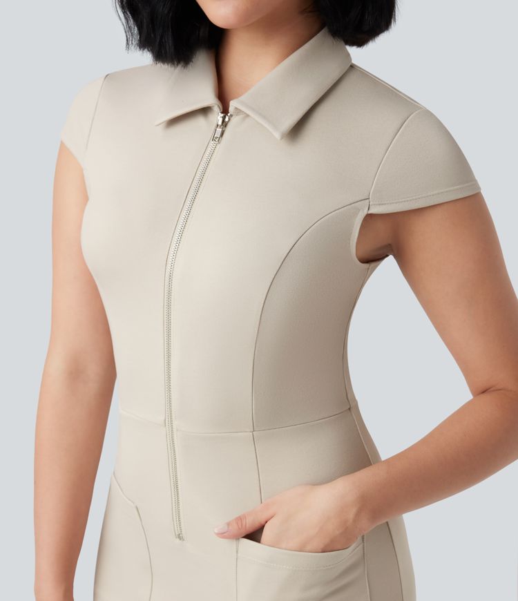 Half Zip Short Sleeve Bodycon Mini Work Dress with Pockets