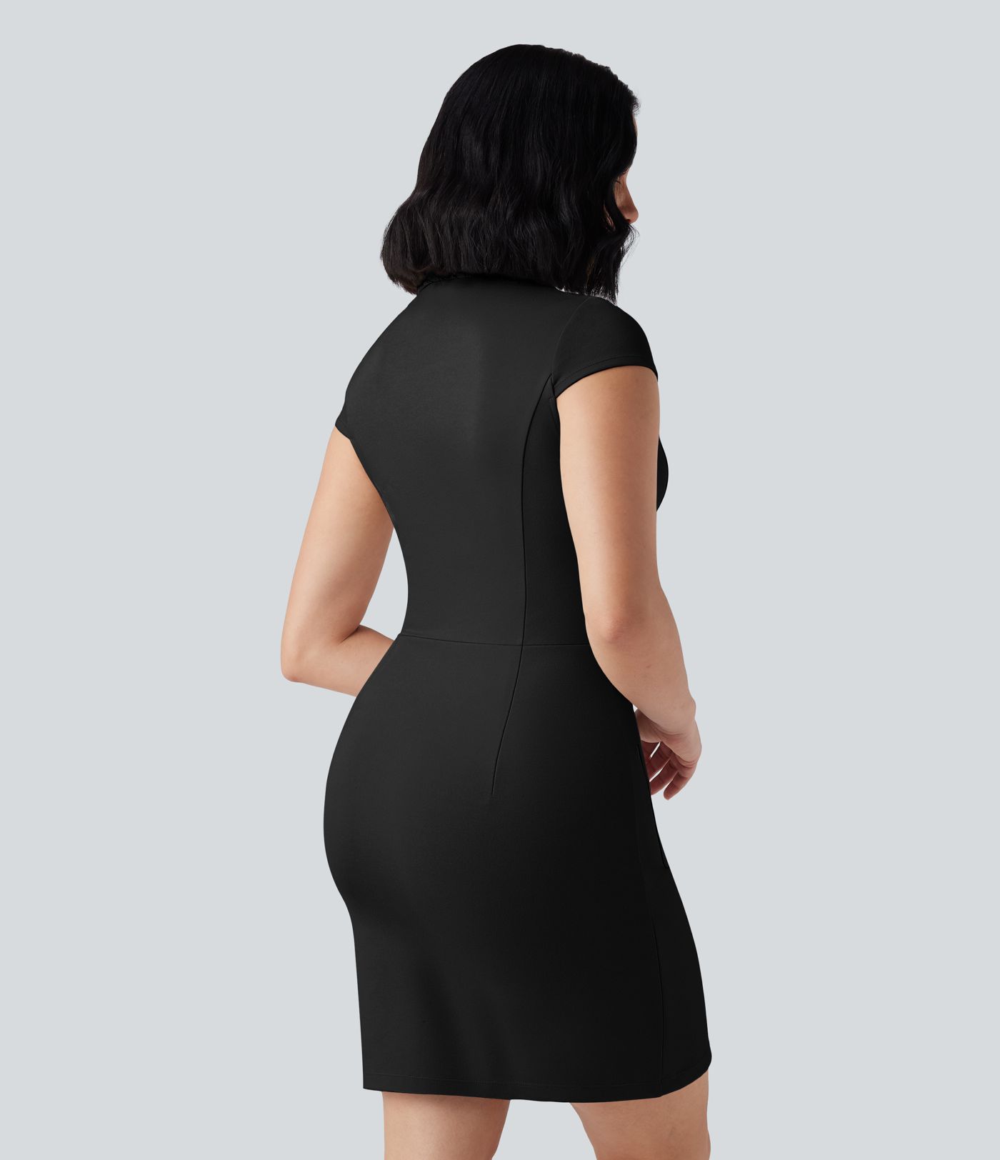 Half Zip Short Sleeve Bodycon Mini Work Dress with Pockets