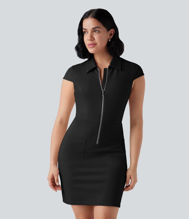 Half Zip Short Sleeve Bodycon Mini Work Dress with Pockets