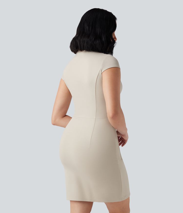 Half Zip Short Sleeve Bodycon Mini Work Dress with Pockets