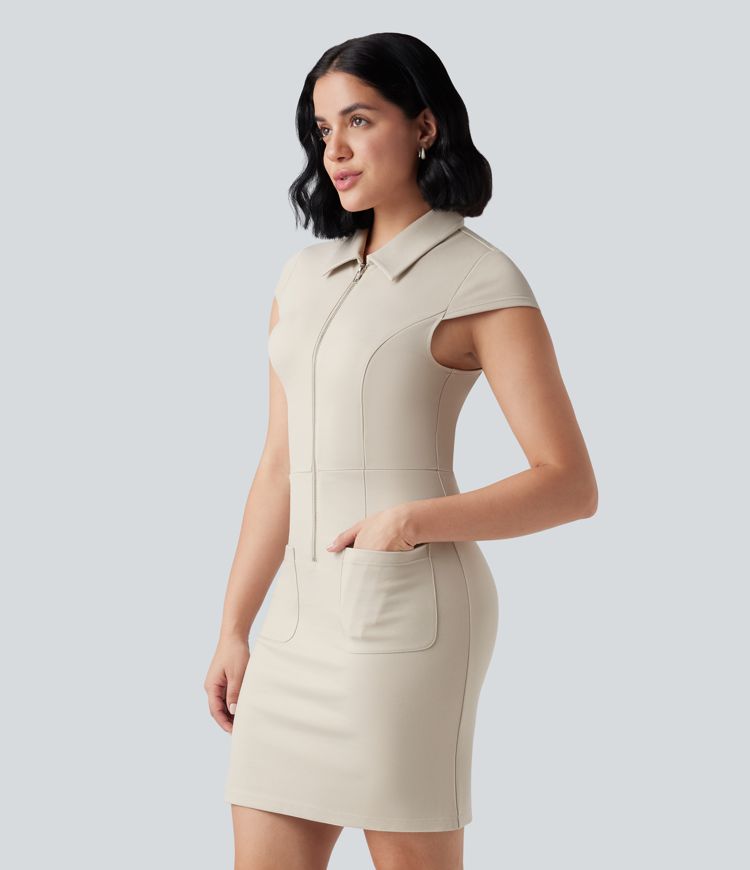 Half Zip Short Sleeve Bodycon Mini Work Dress with Pockets