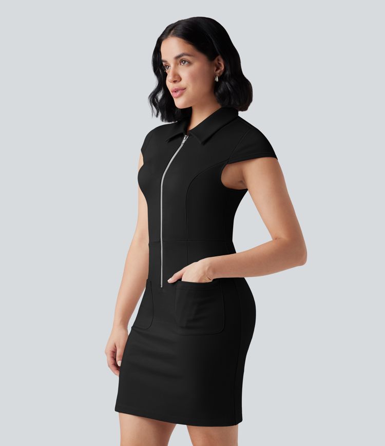Half Zip Short Sleeve Bodycon Mini Work Dress with Pockets