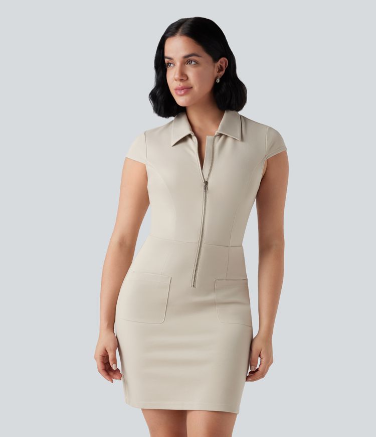 Half Zip Short Sleeve Bodycon Mini Work Dress with Pockets