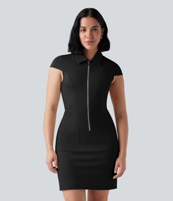 Half Zip Short Sleeve Bodycon Mini Work Dress with Pockets
