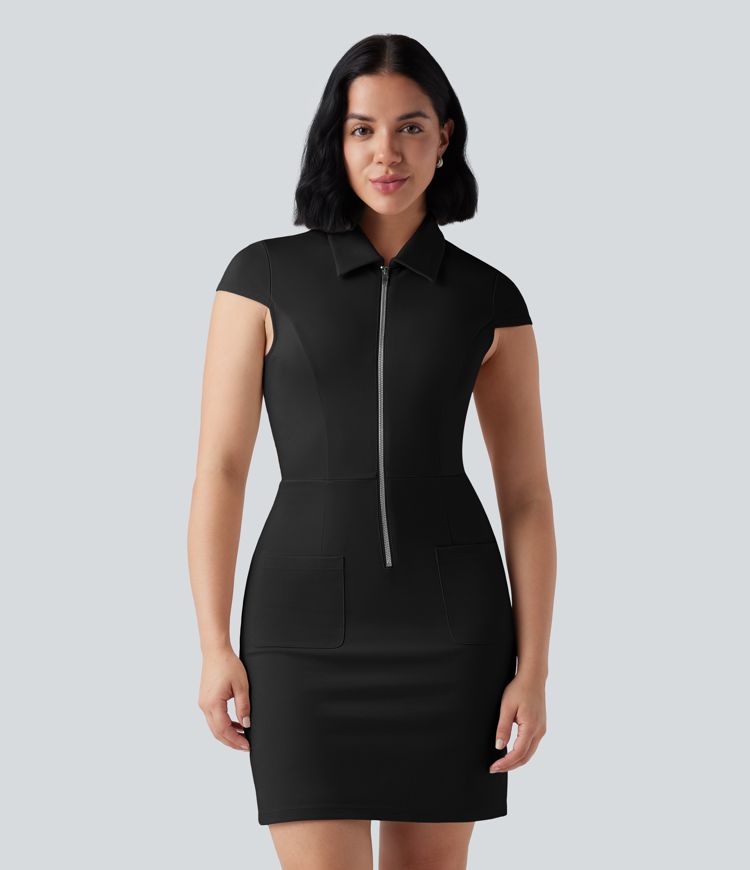 Half Zip Short Sleeve Bodycon Mini Work Dress with Pockets