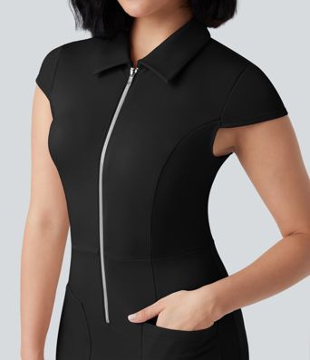 Half Zip Short Sleeve Bodycon Mini Work Dress with Pockets