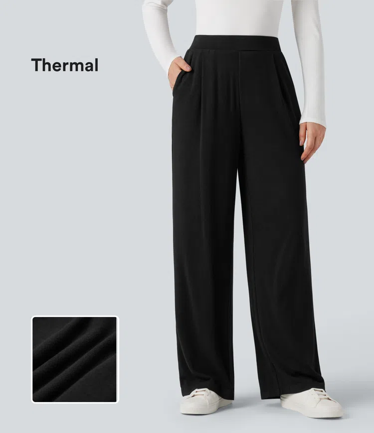 Negro Pantalones de trabajo térmicos de cintura alta y pernera ancha con bolsillos / 1