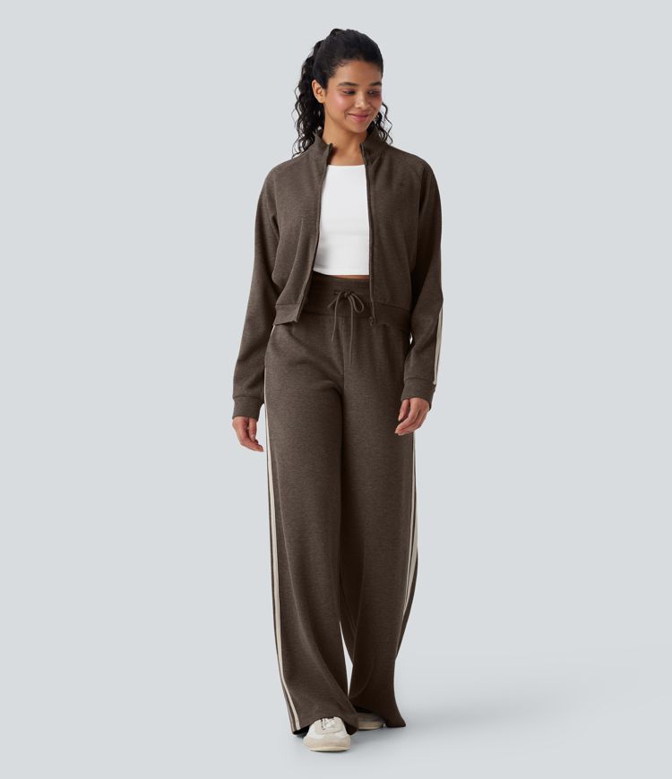 Pantalon large décontracté côtelé gainant taille haute avec cordon de serrage et blocs de couleurs avec poches