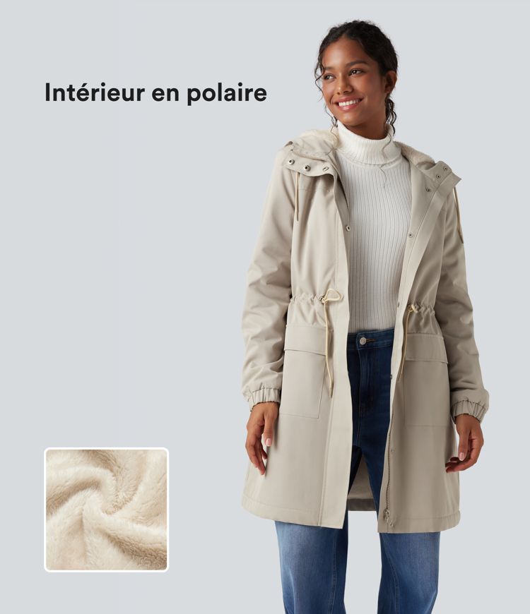 Parka longue polaire à capuche avec cordon de serrage manches longues et poches