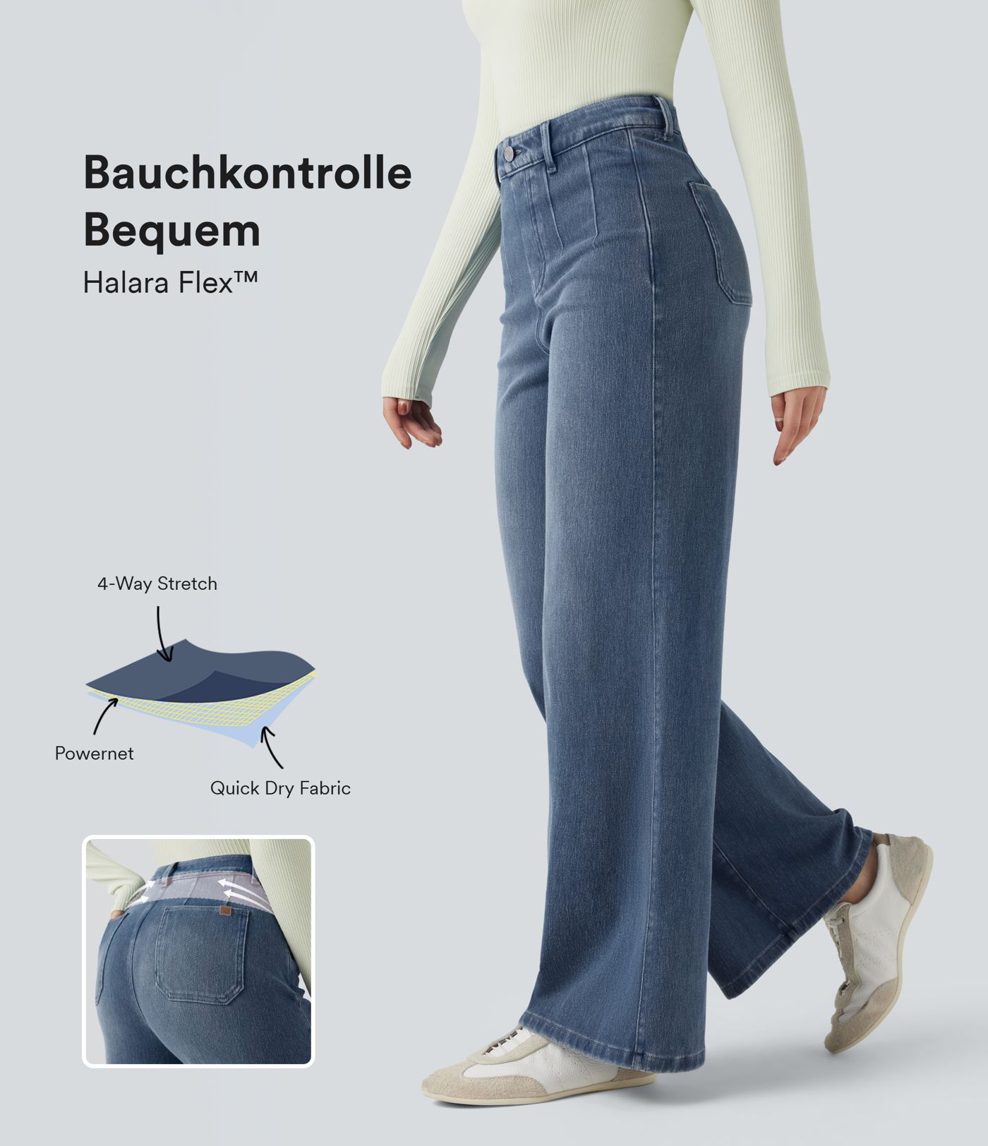 Halara Flex™ - Lässige Jeans mit mittelhohem Bund, Gesäßtaschen, Bauchkontrolle und weitem Bein