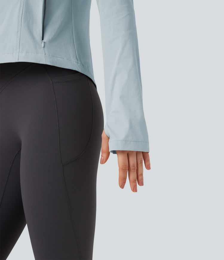 Hooded Long Sleeve Thumb Hole Zipper Hiking Jacket with Pockets-UPF40+