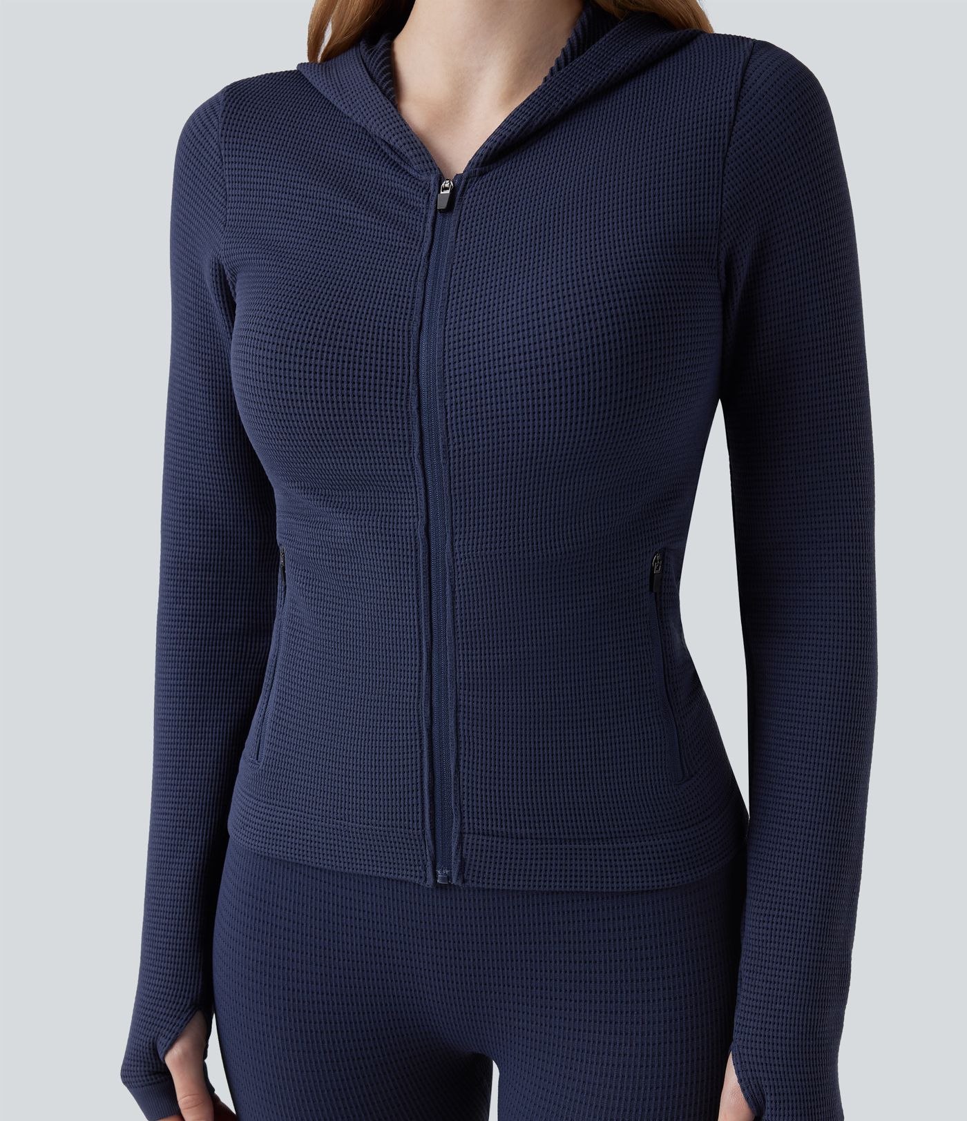 OneForm Seamless Flow Waffle Hooded Long Sleeve Thumb Hole Zipper Yoga Jacket with Pockets