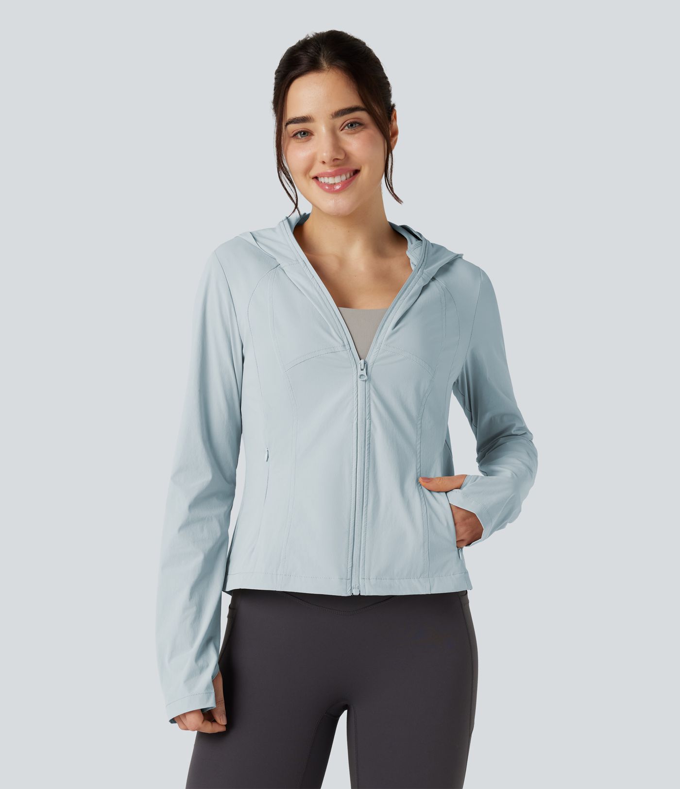 Hooded Long Sleeve Thumb Hole Zipper Hiking Jacket with Pockets-UPF40+