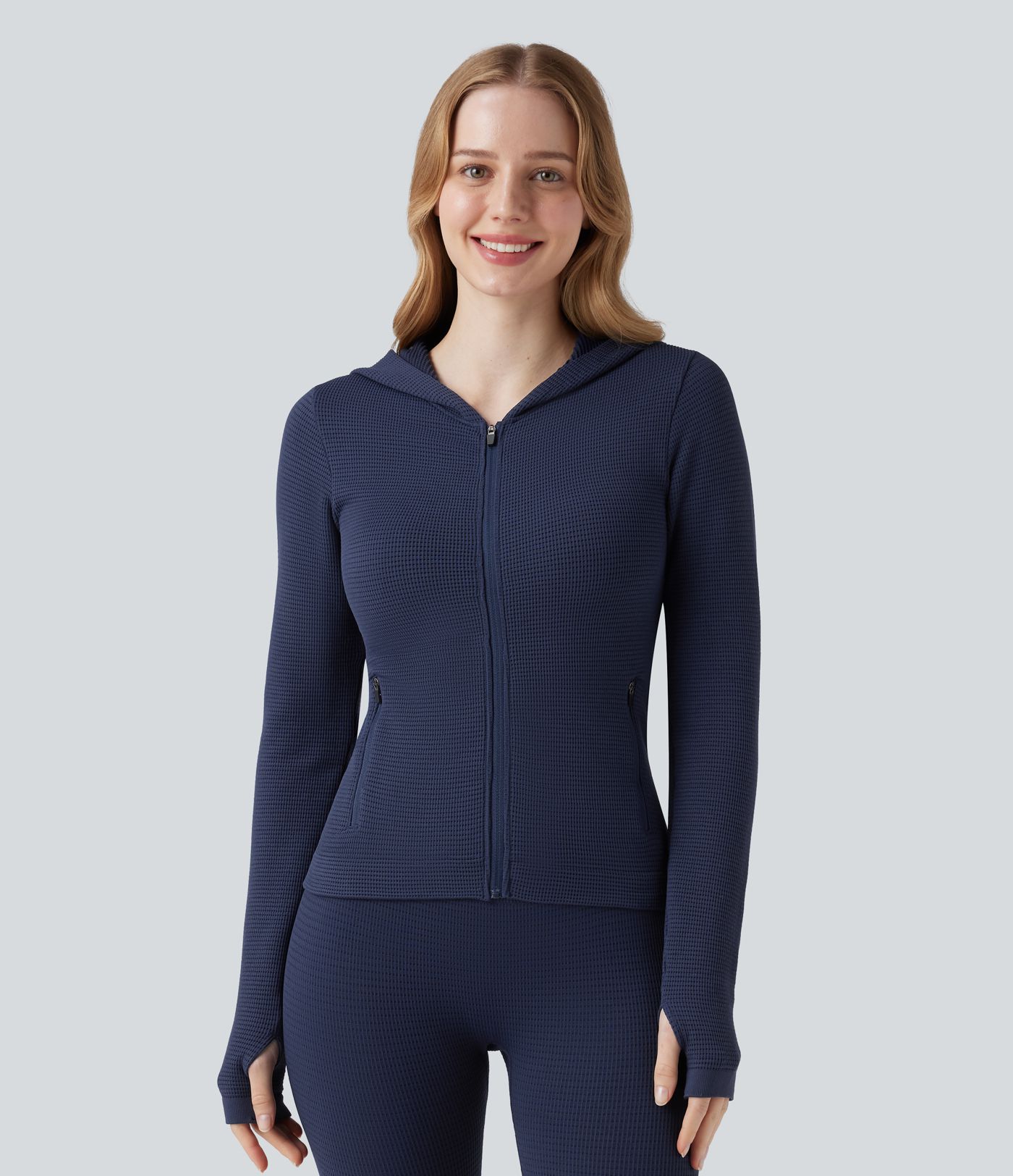 OneForm Seamless Flow Waffle Hooded Long Sleeve Thumb Hole Zipper Yoga Jacket with Pockets
