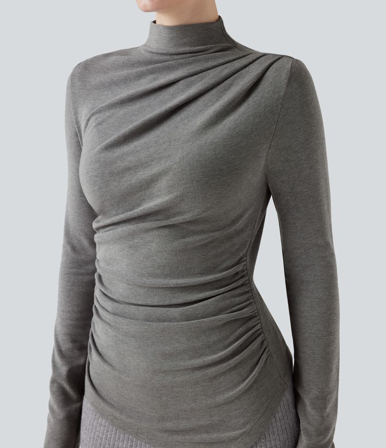 Top Thermique Décontracté à Col Haut, Manches Longues, Froncé avec Ourlet Asymétrique