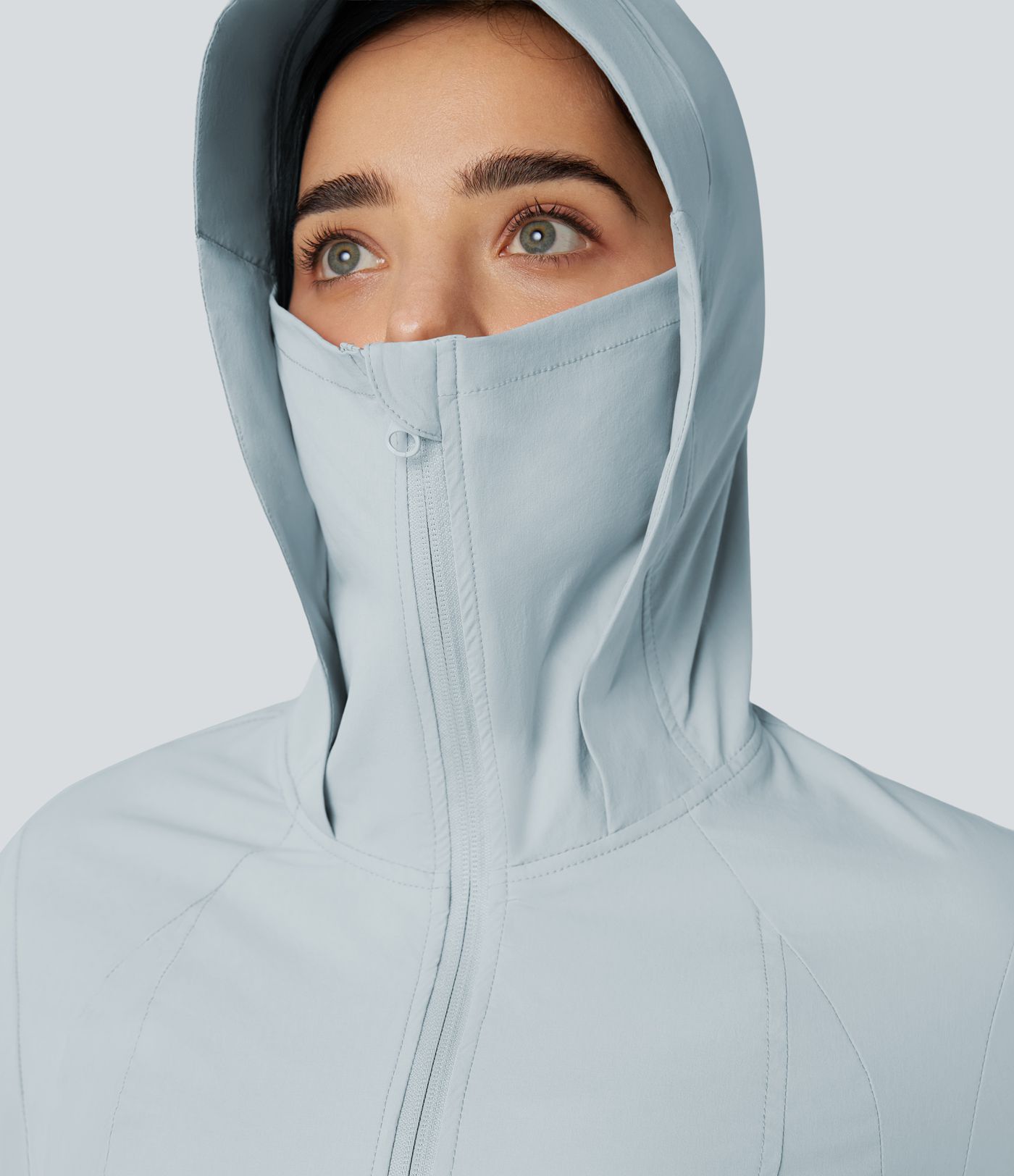 Hooded Long Sleeve Thumb Hole Zipper Hiking Jacket with Pockets-UPF40+