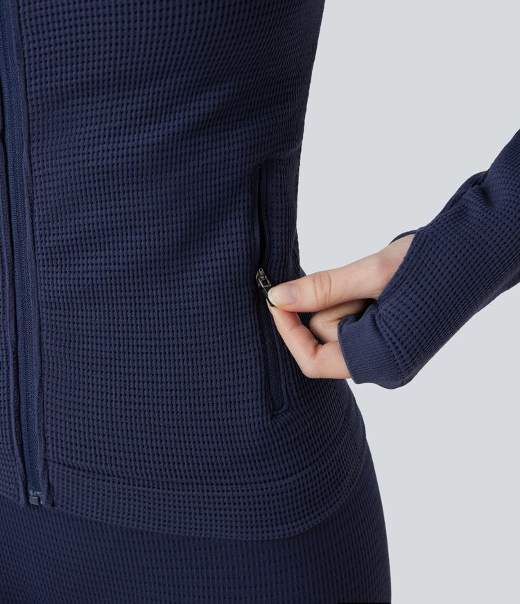 OneForm Seamless Flow Waffle Hooded Long Sleeve Thumb Hole Zipper Yoga Jacket with Pockets