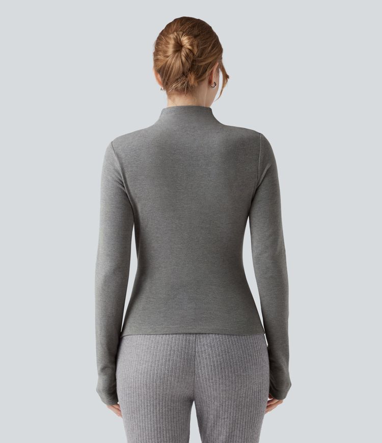 Top Thermique Décontracté à Col Haut, Manches Longues, Froncé avec Ourlet Asymétrique