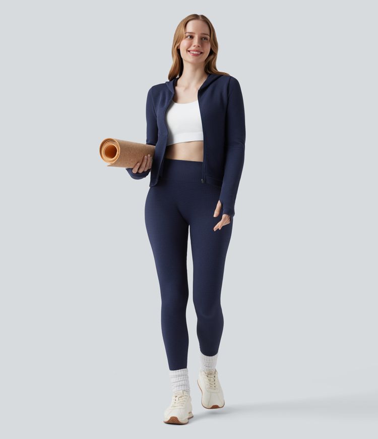 OneForm Seamless Flow Waffle Hooded Long Sleeve Thumb Hole Zipper Yoga Jacket with Pockets