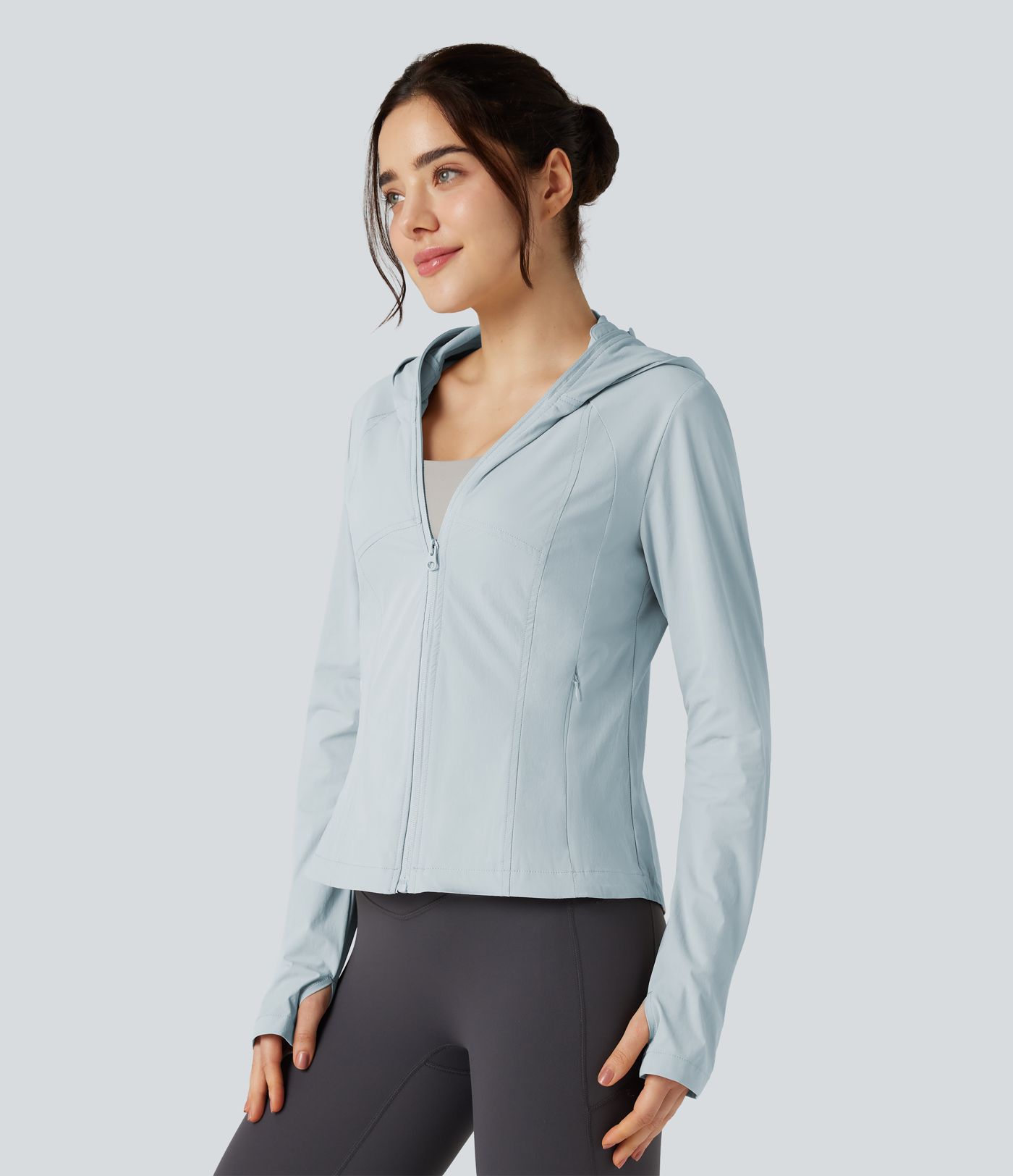 Hooded Long Sleeve Thumb Hole Zipper Hiking Jacket with Pockets-UPF40+