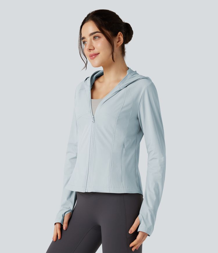 Hooded Long Sleeve Thumb Hole Zipper Hiking Jacket with Pockets-UPF40+