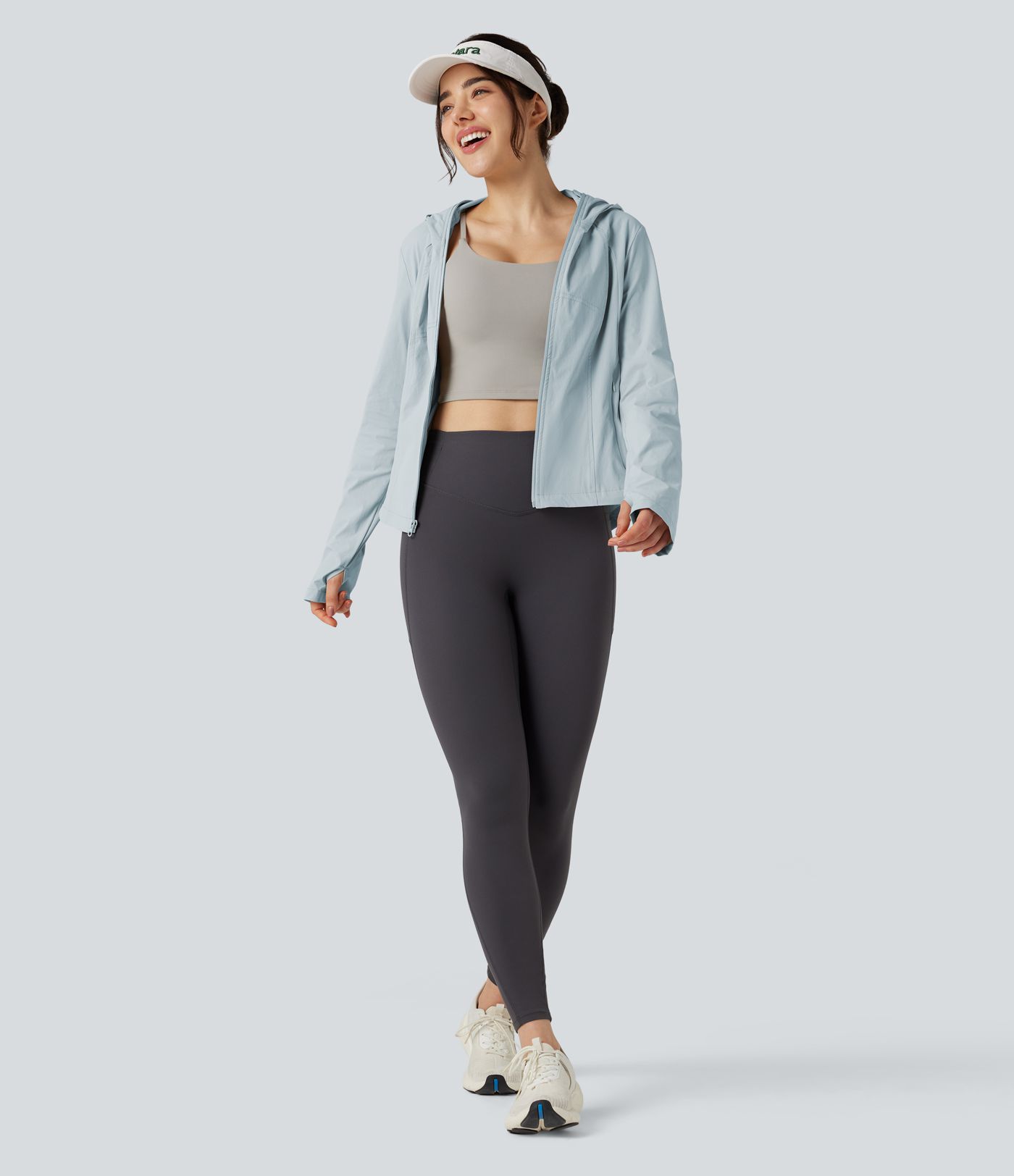 Hooded Long Sleeve Thumb Hole Zipper Hiking Jacket with Pockets-UPF40+