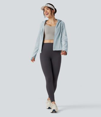 Hooded Long Sleeve Thumb Hole Zipper Hiking Jacket with Pockets-UPF40+