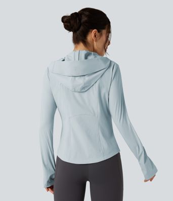 Hooded Long Sleeve Thumb Hole Zipper Hiking Jacket with Pockets-UPF40+