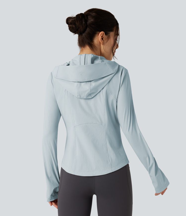 Hooded Long Sleeve Thumb Hole Zipper Hiking Jacket with Pockets-UPF40+