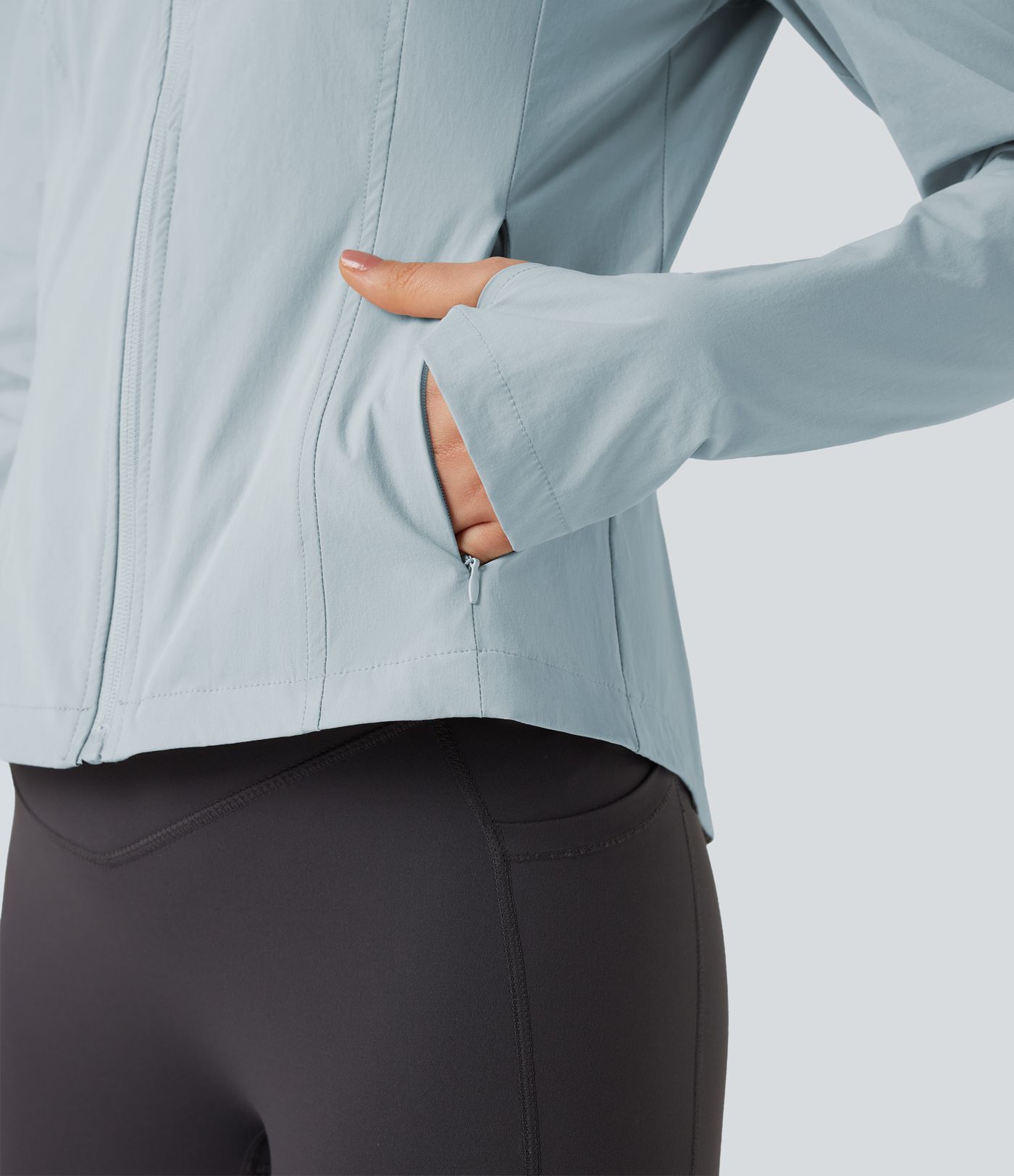 Hooded Long Sleeve Thumb Hole Zipper Hiking Jacket with Pockets-UPF40+