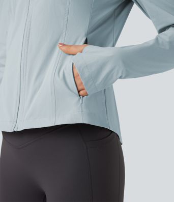 Hooded Long Sleeve Thumb Hole Zipper Hiking Jacket with Pockets-UPF40+